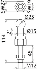 Dehn Punta de Bola Fija Perno Roscado Recto Y Tuerca 25mm M12x45mm - 755245