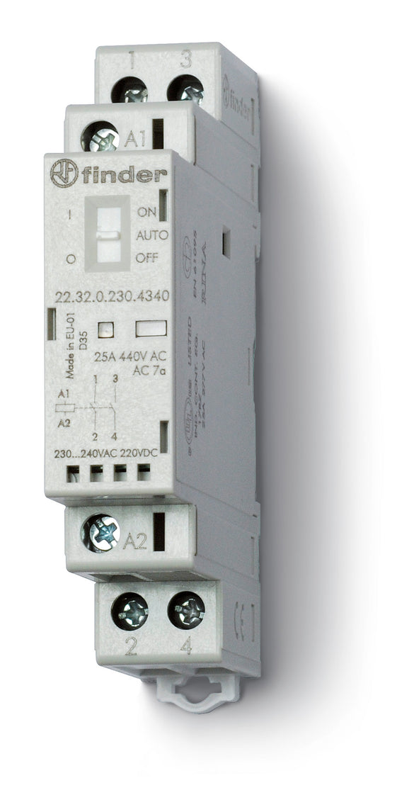 Finder 25A Contacto Modular 2NO 230V CA/CC Con LED - 22.32.0.230.4340