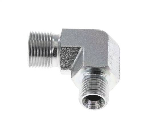 Racor reductor acodado 90deg G3/8'' x G1/2'' Acero alta presión 60° Cono 325bar (4566.25psi) Hidráulico
