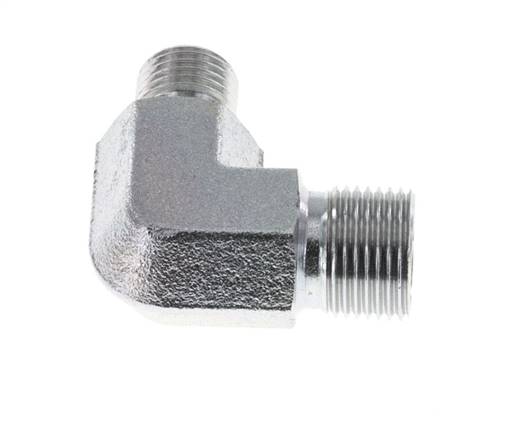 Racor reductor acodado 90deg G3/8'' x G1/2'' Acero alta presión 60° Cono 325bar (4566.25psi) Hidráulico