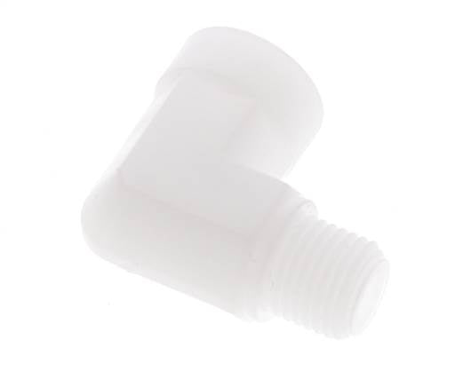 Racor acodado 90deg G1/4'' Macho x Hembra Polipropileno (pp) 10bar (140.5psi) FDA