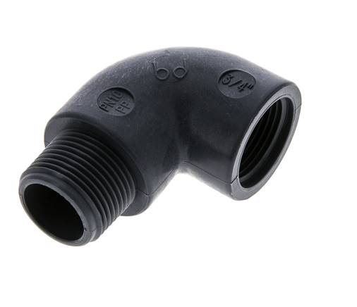 Racor acodado 90deg G3/4'' Macho x Hembra Polipropileno (pp) 10bar (140.5psi) FDA