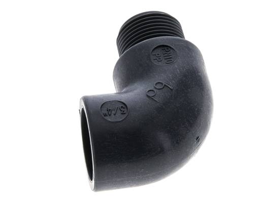 Racor acodado 90deg G3/4'' Macho x Hembra Polipropileno (pp) 10bar (140.5psi) FDA
