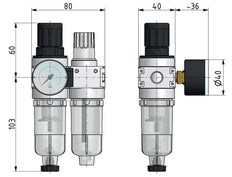 FRL 2 Partes G1/4'' 700l/min 0.2-6.0bar/3-87psi Auto 40 mm Manómetro Policarbonato Multifix 0