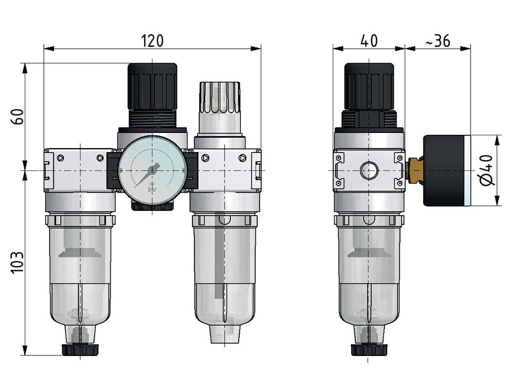 FRL 3 Partes G1/4'' 750l/min 0.5-10.0bar/7-145psi Semi-Auto 40 mm Manómetro Policarbonato Multifix 0