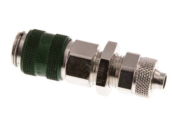 Nickel-plated Brass DN 5 Green Air Coupling Socket 6x8 mm Union Nut Bulkhead Double Shut-Off