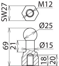 Dehn Fixed Ball Point 25mm With M12 Female Thread - 755200