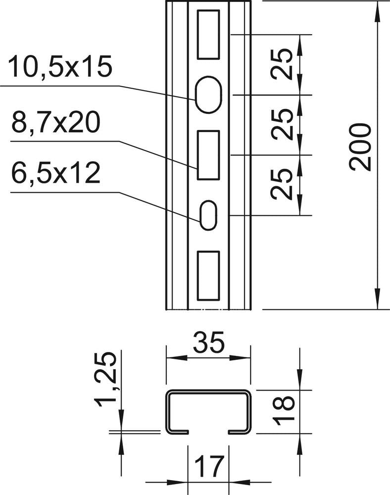 Perforated C-Profile Rail 200x35x18mm Steel - 1104268 [2 Pieces]