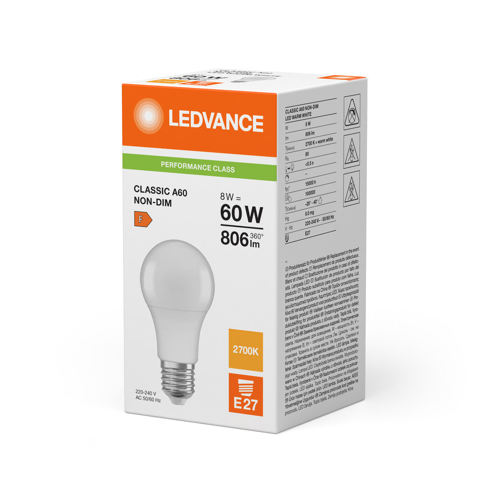 LEDVANCE Classic A60 LED Bulb 8.5W E27 2700K 806LM - 4099854049088 [2 Pieces]