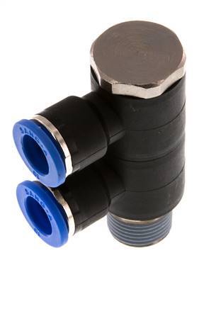 10mm x R3/8'' 2-way Manifold Push-in Fitting with Male Threads Brass/PA 66 NBR Rotatable
