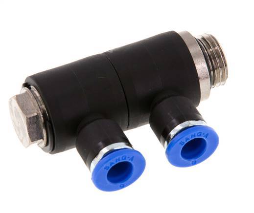 6mm x G1/4'' 2-way Manifold Push-in Fitting with Male Threads Brass/PA 66 NBR Rotatable