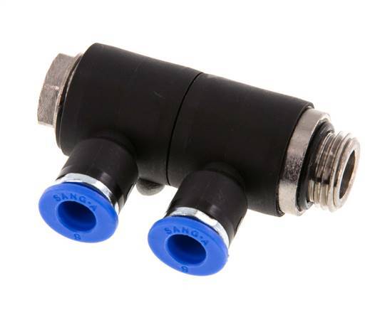 6mm x G1/4'' 2-way Manifold Push-in Fitting with Male Threads Brass/PA 66 NBR Rotatable