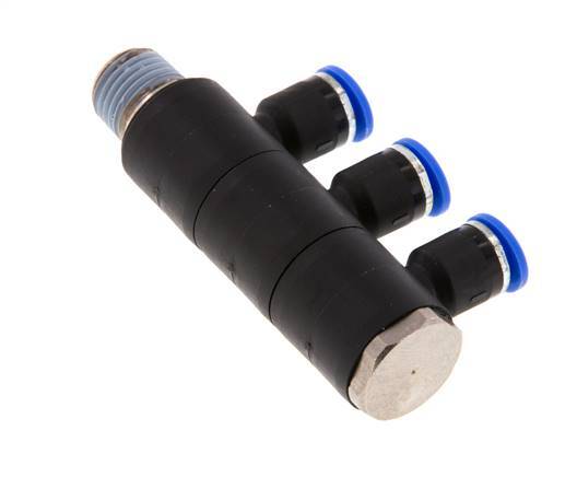 6mm x R1/4'' 3-way Manifold Push-in Fitting with Male Threads Brass/PA 66 NBR Rotatable