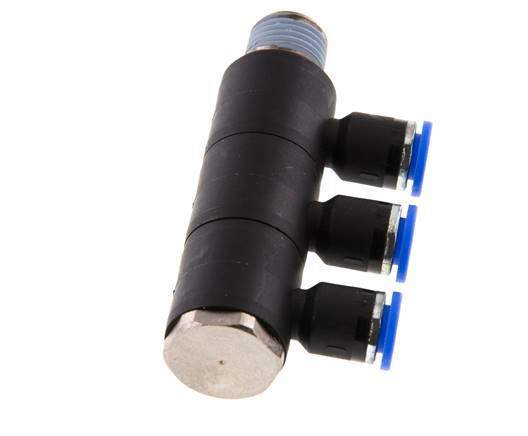 6mm x R1/4'' 3-way Manifold Push-in Fitting with Male Threads Brass/PA 66 NBR Rotatable