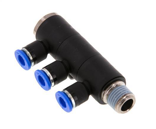 6mm x R1/4'' 3-way Manifold Push-in Fitting with Male Threads Brass/PA 66 NBR Rotatable