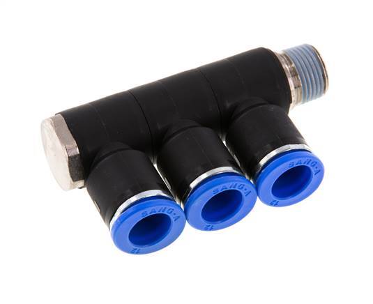 12mm x R3/8'' 3-way Manifold Push-in Fitting with Male Threads Brass/PA 66 NBR Rotatable