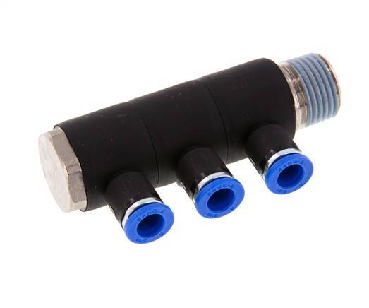 8mm x R1/2'' 3-way Manifold Push-in Fitting with Male Threads Brass/PA 66 NBR Rotatable