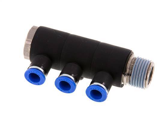 8mm x R1/2'' 3-way Manifold Push-in Fitting with Male Threads Brass/PA 66 NBR Rotatable