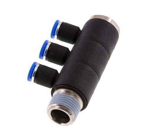 8mm x R1/2'' 3-way Manifold Push-in Fitting with Male Threads Brass/PA 66 NBR Rotatable