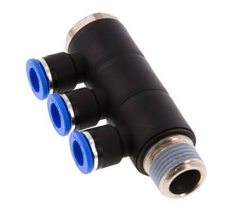 10mm x R1/2'' 3-way Manifold Push-in Fitting with Male Threads Brass/PA 66 NBR Rotatable