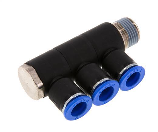 12mm x R1/2'' 3-way Manifold Push-in Fitting with Male Threads Brass/PA 66 NBR Rotatable