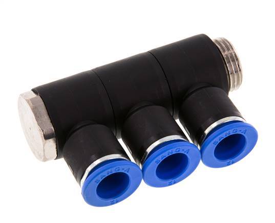 12mm x G1/2'' 3-way Manifold Push-in Fitting with Male Threads Brass/PA 66 NBR Rotatable