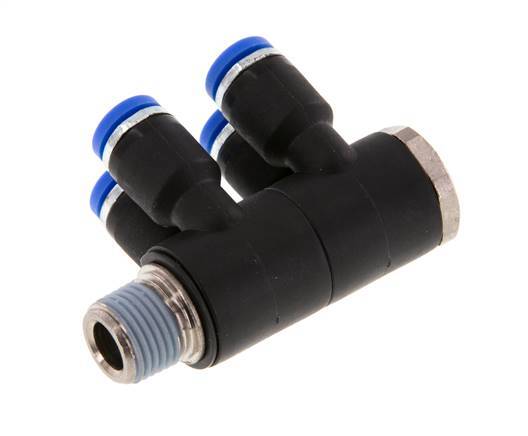 4mm x R1/8'' 4-way Manifold Push-in Fitting with Male Threads Brass/PA 66 NBR Rotatable