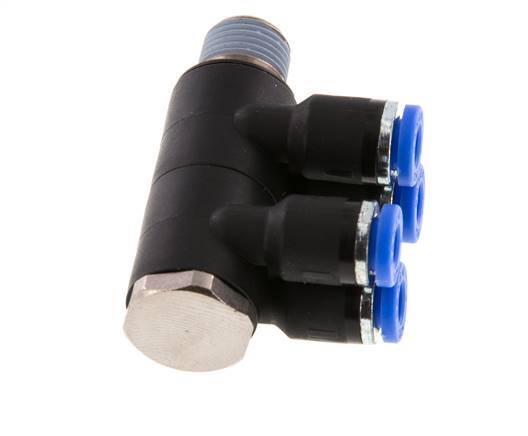 4mm x R1/8'' 4-way Manifold Push-in Fitting with Male Threads Brass/PA 66 NBR Rotatable