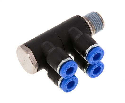 4mm x R1/8'' 4-way Manifold Push-in Fitting with Male Threads Brass/PA 66 NBR Rotatable