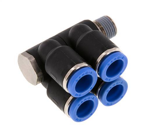 8mm x R1/8'' 4-way Manifold Push-in Fitting with Male Threads Brass/PA 66 NBR Rotatable