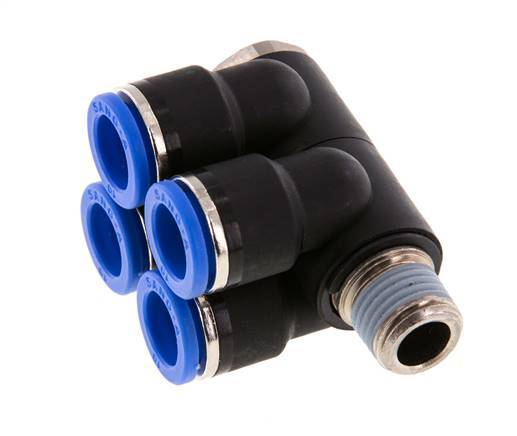 10mm x R1/4'' 4-way Manifold Push-in Fitting with Male Threads Brass/PA 66 NBR Rotatable