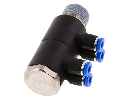 4mm x R3/8'' 4-way Manifold Push-in Fitting with Male Threads Brass/PA 66 NBR Rotatable