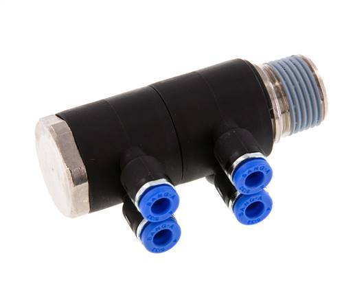 4mm x R3/8'' 4-way Manifold Push-in Fitting with Male Threads Brass/PA 66 NBR Rotatable
