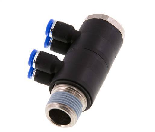 4mm x R3/8'' 4-way Manifold Push-in Fitting with Male Threads Brass/PA 66 NBR Rotatable