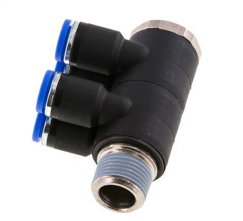 8mm x R3/8'' 4-way Manifold Push-in Fitting with Male Threads Brass/PA 66 NBR Rotatable