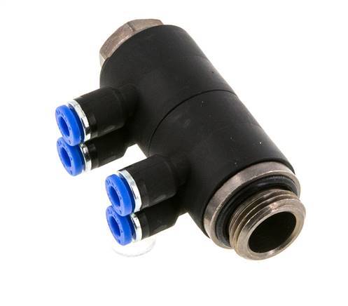 4mm x G3/8'' 4-way Manifold Push-in Fitting with Male Threads Brass/PA 66 NBR Rotatable