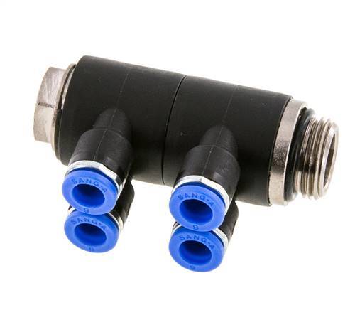 6mm x G3/8'' 4-way Manifold Push-in Fitting with Male Threads Brass/PA 66 NBR Rotatable