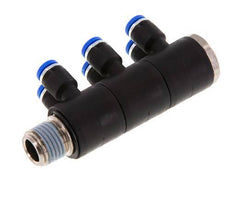 4mm x R1/4'' 6-way Manifold Push-in Fitting with Male Threads Brass/PA 66 NBR Rotatable