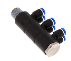 4mm x R1/4'' 6-way Manifold Push-in Fitting with Male Threads Brass/PA 66 NBR Rotatable