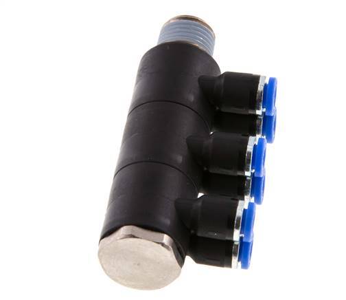 4mm x R1/4'' 6-way Manifold Push-in Fitting with Male Threads Brass/PA 66 NBR Rotatable