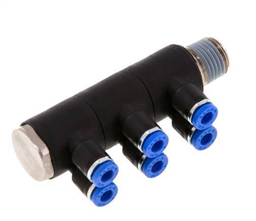 4mm x R1/4'' 6-way Manifold Push-in Fitting with Male Threads Brass/PA 66 NBR Rotatable
