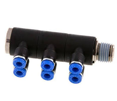 4mm x R1/4'' 6-way Manifold Push-in Fitting with Male Threads Brass/PA 66 NBR Rotatable