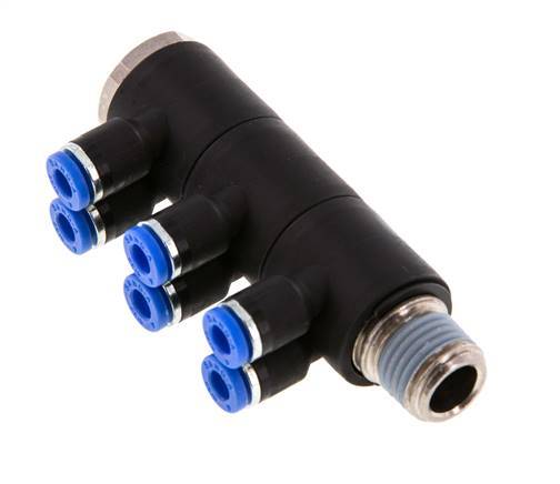 4mm x R1/4'' 6-way Manifold Push-in Fitting with Male Threads Brass/PA 66 NBR Rotatable
