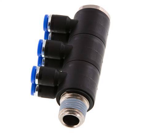 4mm x R1/4'' 6-way Manifold Push-in Fitting with Male Threads Brass/PA 66 NBR Rotatable