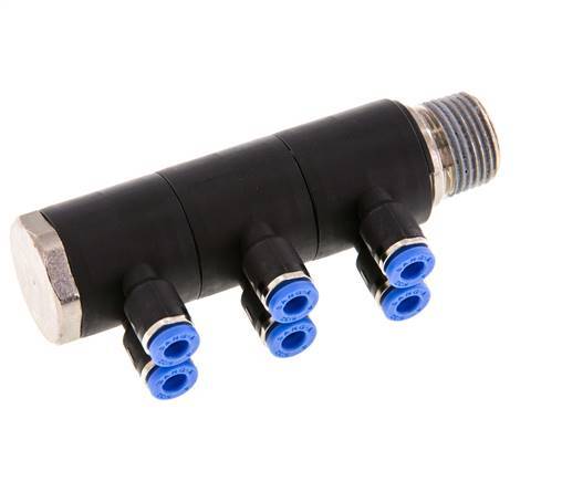 4mm x R3/8'' 6-way Manifold Push-in Fitting with Male Threads Brass/PA 66 NBR Rotatable