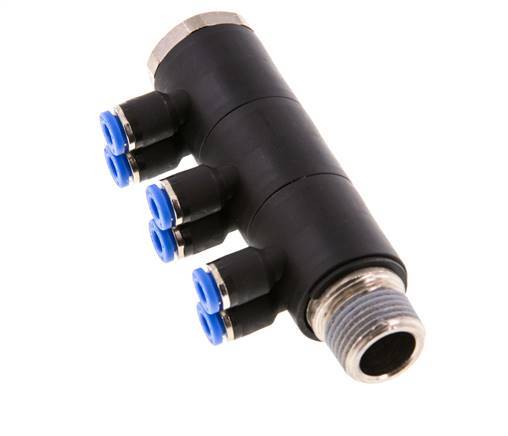 4mm x R3/8'' 6-way Manifold Push-in Fitting with Male Threads Brass/PA 66 NBR Rotatable