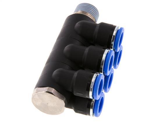 10mm x R3/8'' 6-way Manifold Push-in Fitting with Male Threads Brass/PA 66 NBR Rotatable