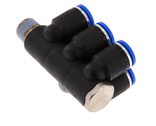 12mm x R3/8'' 6-way Manifold Push-in Fitting with Male Threads Brass/PA 66 NBR Rotatable