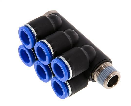 12mm x R3/8'' 6-way Manifold Push-in Fitting with Male Threads Brass/PA 66 NBR Rotatable