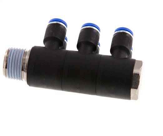 8mm x R1/2'' 6-way Manifold Push-in Fitting with Male Threads Brass/PA 66 NBR Rotatable